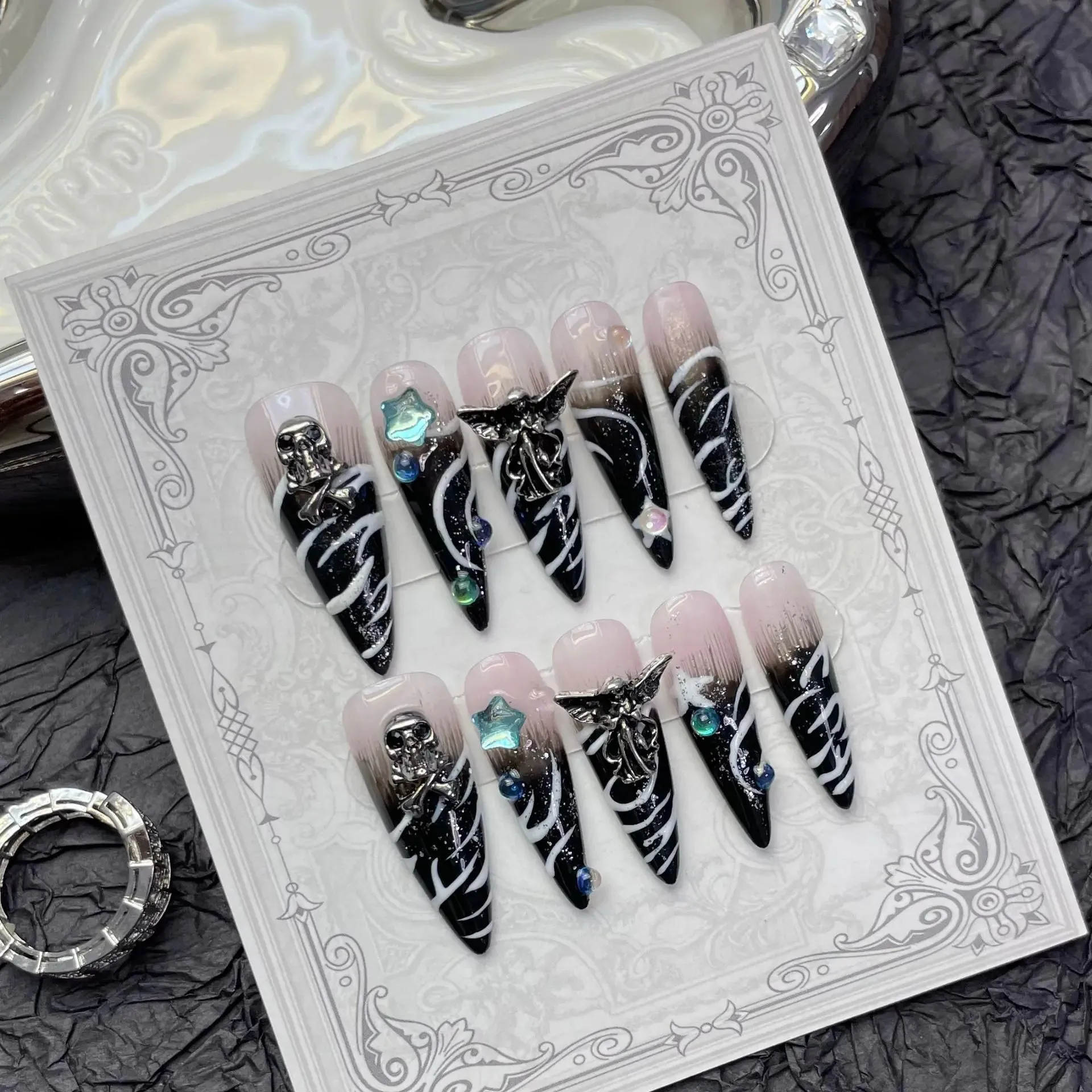 10pcs Extra Long Almond Pointed Punk French Press-On Nails