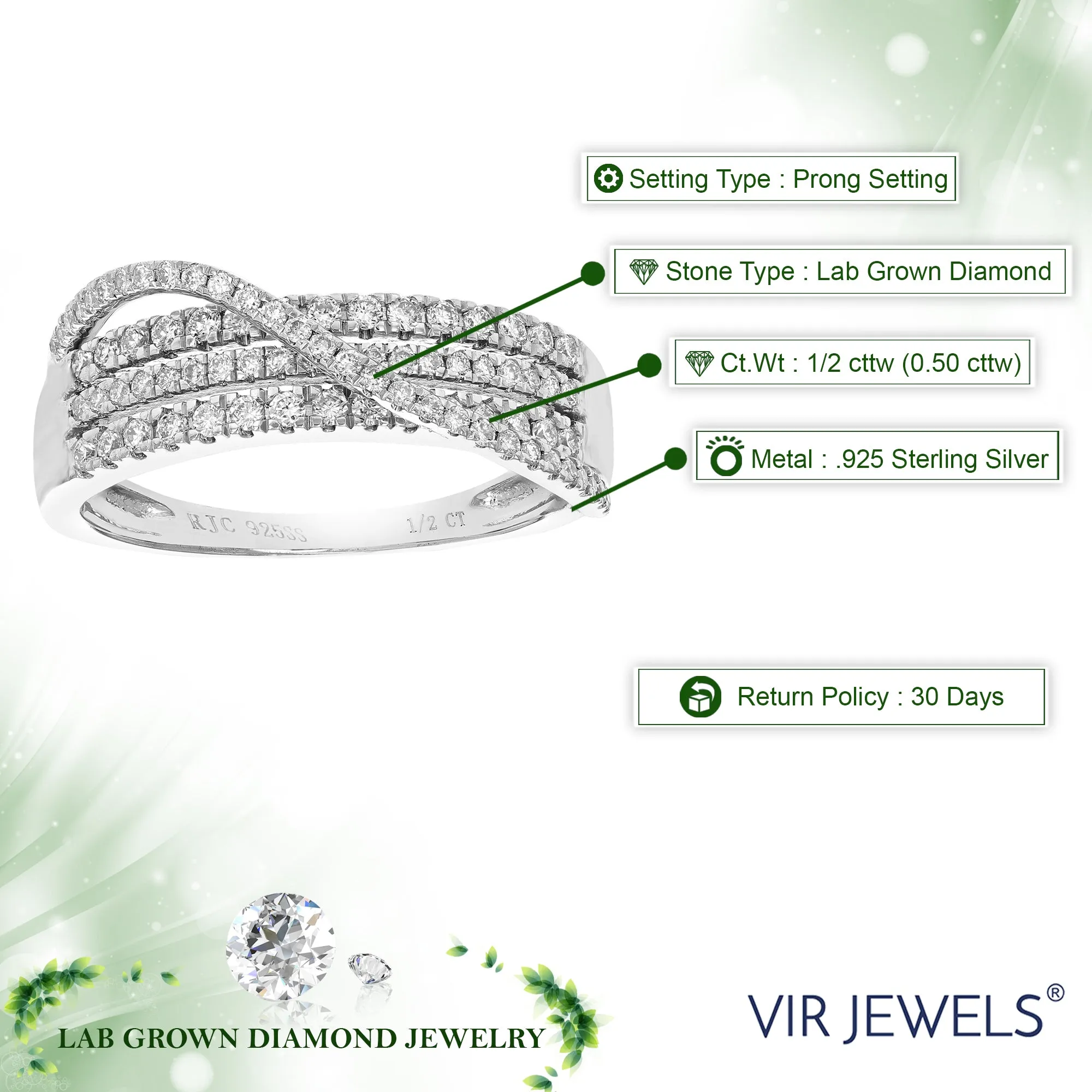 1/2 cttw Lab Grown Diamond Wedding Band Cross Over in Silver