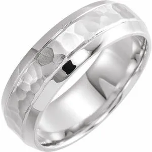 14K White 7 mm Beveled-Edge Band with Hammered Finish Size 11