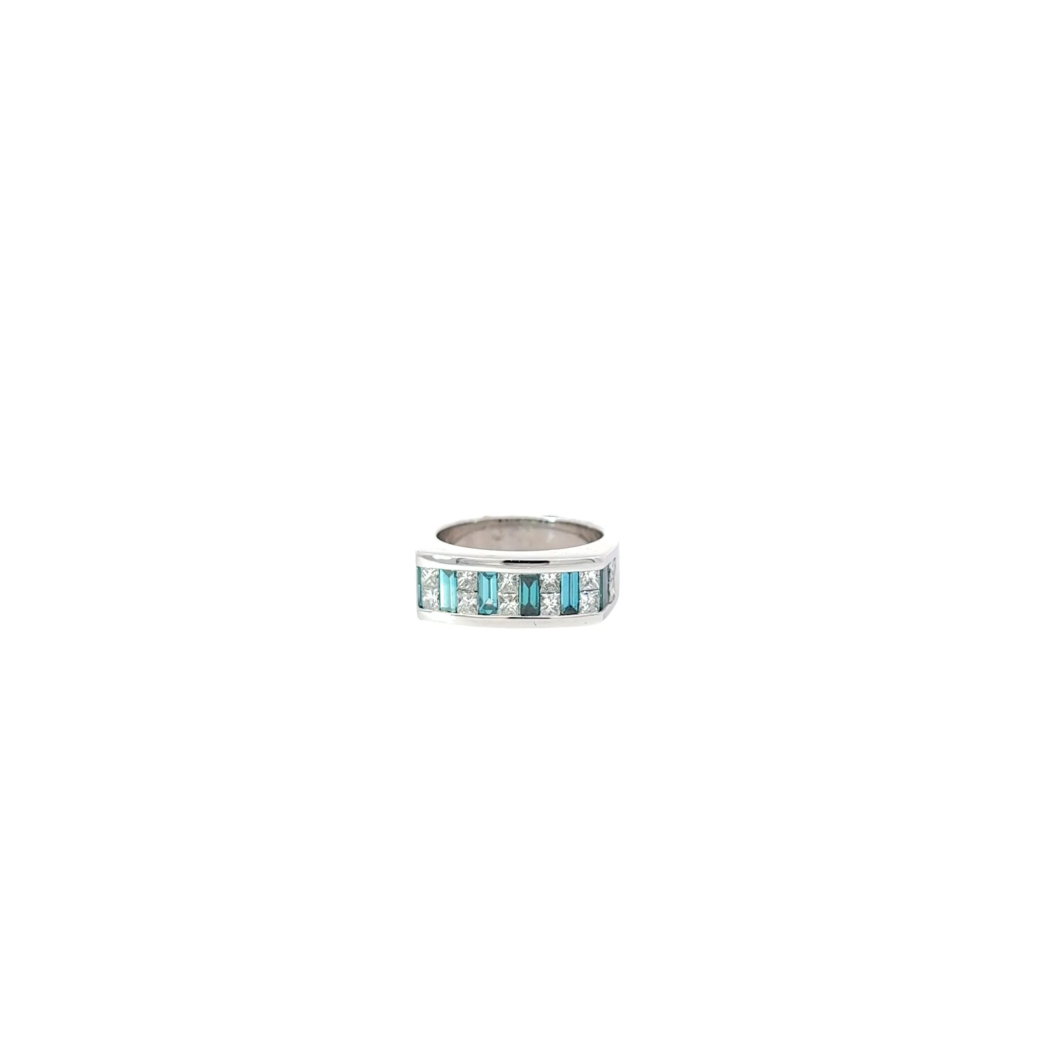 14k white gold 1.00ct G VS2 Princess Cut diamond and .75ct Baguette blue diamond ring