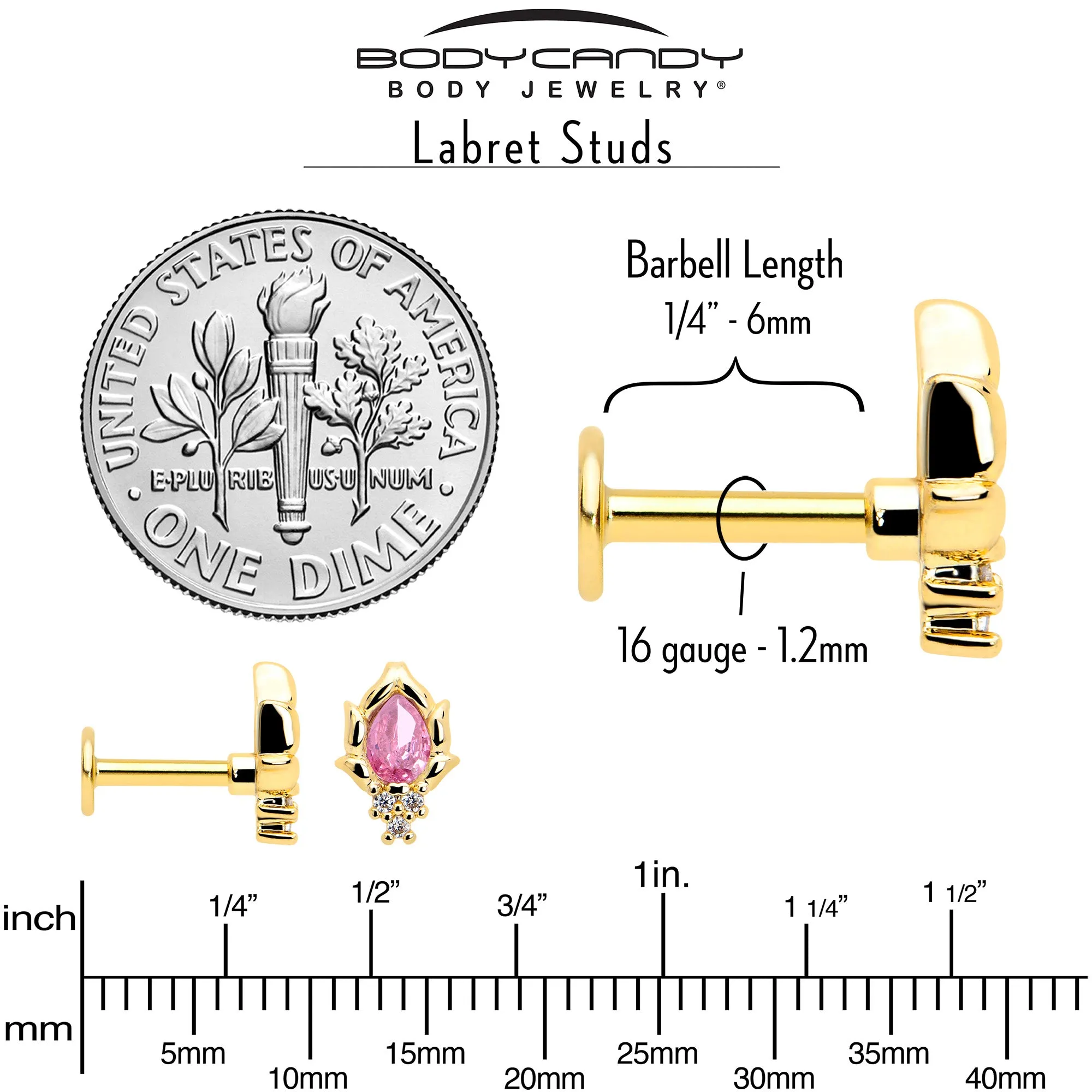 16 Gauge 1/4 Pink CZ Gem Gold Tone Style Fire Labret Monroe Tragus