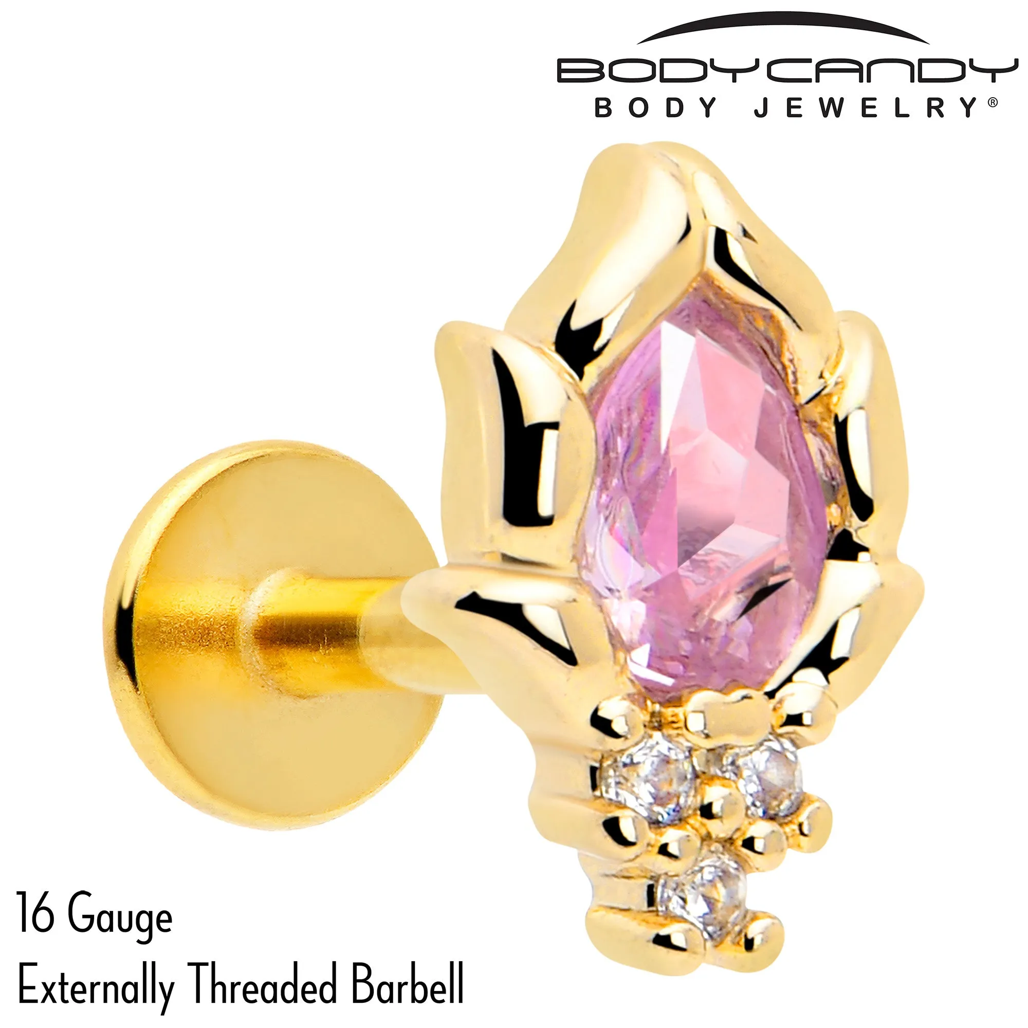 16 Gauge 1/4 Pink CZ Gem Gold Tone Style Fire Labret Monroe Tragus