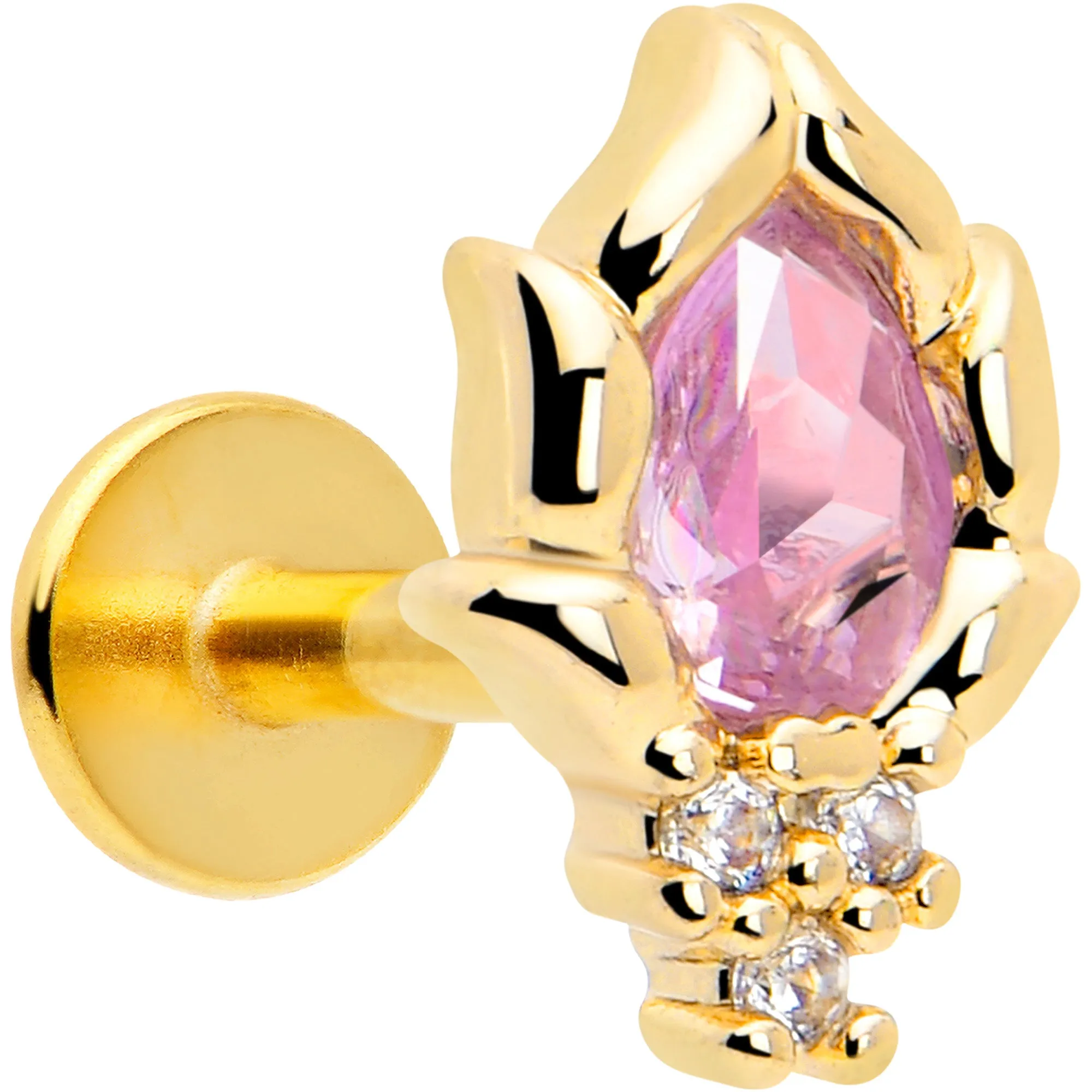 16 Gauge 1/4 Pink CZ Gem Gold Tone Style Fire Labret Monroe Tragus