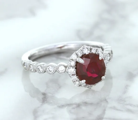 1.75ct Unheated GIA Certified Round Ruby Ring with Diamond Halo in 18K White Gold