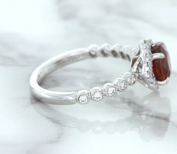 1.75ct Unheated GIA Certified Round Ruby Ring with Diamond Halo in 18K White Gold