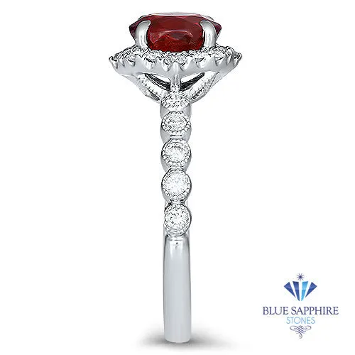 1.75ct Unheated GIA Certified Round Ruby Ring with Diamond Halo in 18K White Gold