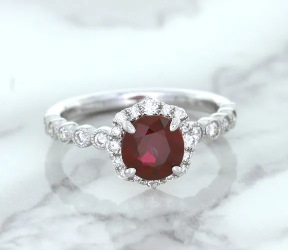 1.75ct Unheated GIA Certified Round Ruby Ring with Diamond Halo in 18K White Gold