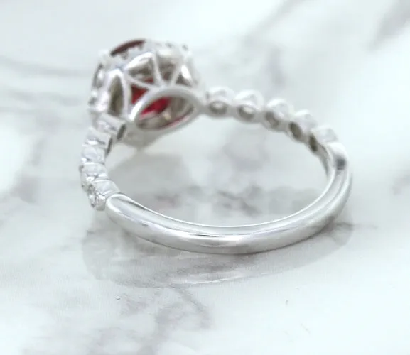 1.75ct Unheated GIA Certified Round Ruby Ring with Diamond Halo in 18K White Gold