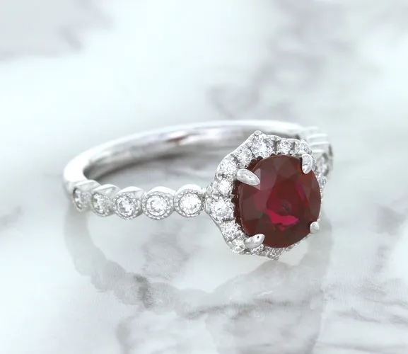 1.75ct Unheated GIA Certified Round Ruby Ring with Diamond Halo in 18K White Gold