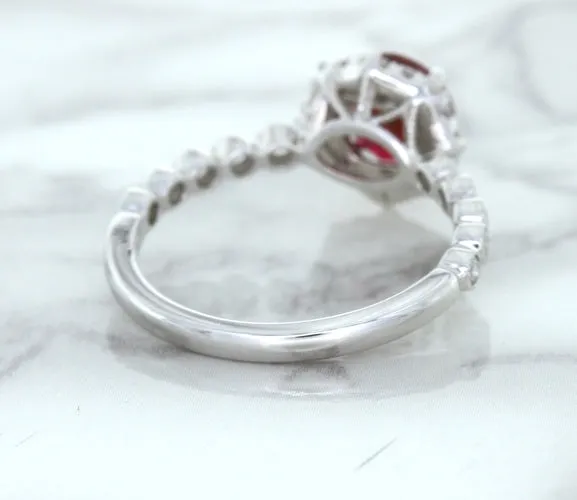 1.75ct Unheated GIA Certified Round Ruby Ring with Diamond Halo in 18K White Gold