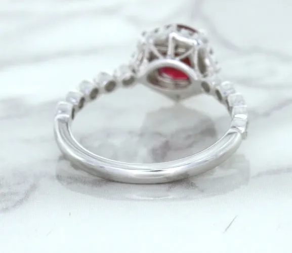 1.75ct Unheated GIA Certified Round Ruby Ring with Diamond Halo in 18K White Gold