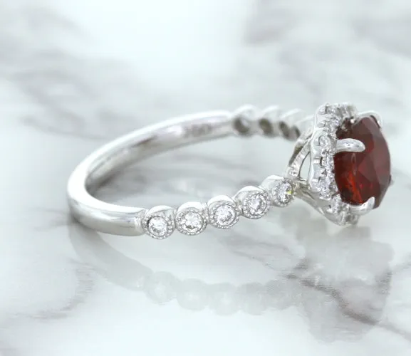 1.75ct Unheated GIA Certified Round Ruby Ring with Diamond Halo in 18K White Gold