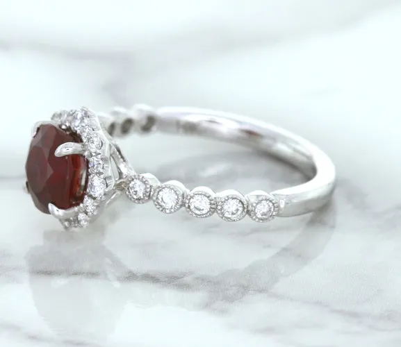 1.75ct Unheated GIA Certified Round Ruby Ring with Diamond Halo in 18K White Gold