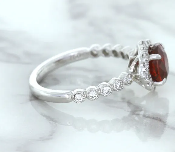 1.75ct Unheated GIA Certified Round Ruby Ring with Diamond Halo in 18K White Gold