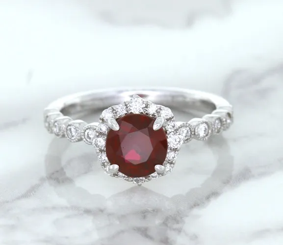 1.75ct Unheated GIA Certified Round Ruby Ring with Diamond Halo in 18K White Gold