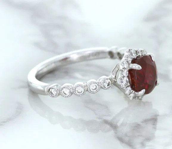 1.75ct Unheated GIA Certified Round Ruby Ring with Diamond Halo in 18K White Gold