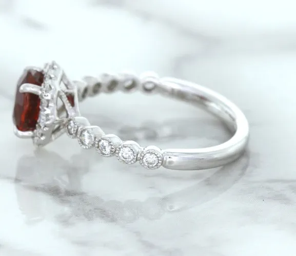 1.75ct Unheated GIA Certified Round Ruby Ring with Diamond Halo in 18K White Gold