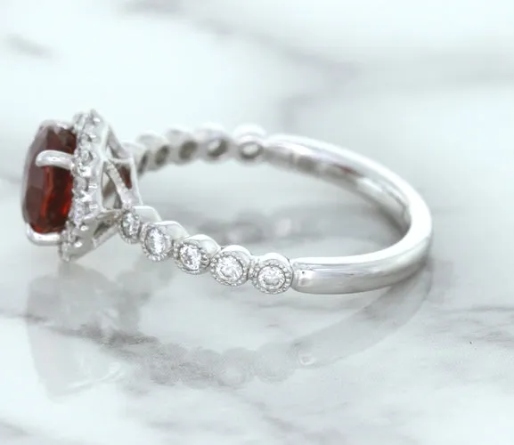 1.75ct Unheated GIA Certified Round Ruby Ring with Diamond Halo in 18K White Gold
