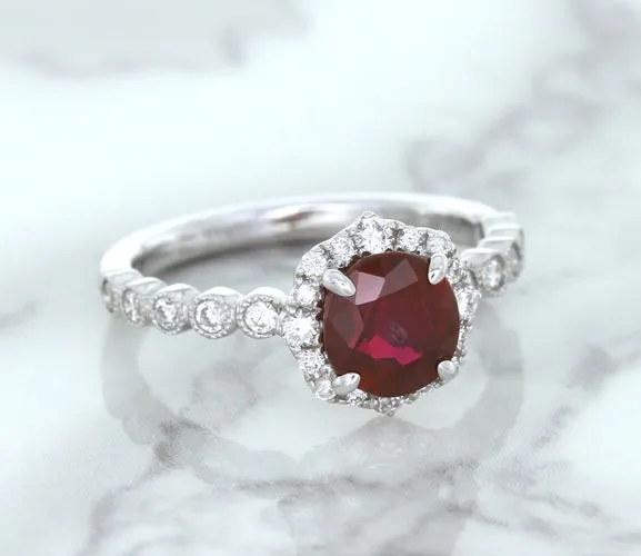 1.75ct Unheated GIA Certified Round Ruby Ring with Diamond Halo in 18K White Gold