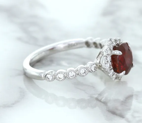 1.75ct Unheated GIA Certified Round Ruby Ring with Diamond Halo in 18K White Gold