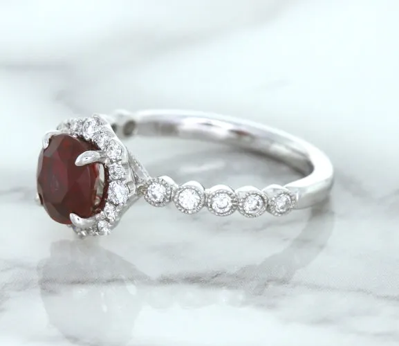 1.75ct Unheated GIA Certified Round Ruby Ring with Diamond Halo in 18K White Gold
