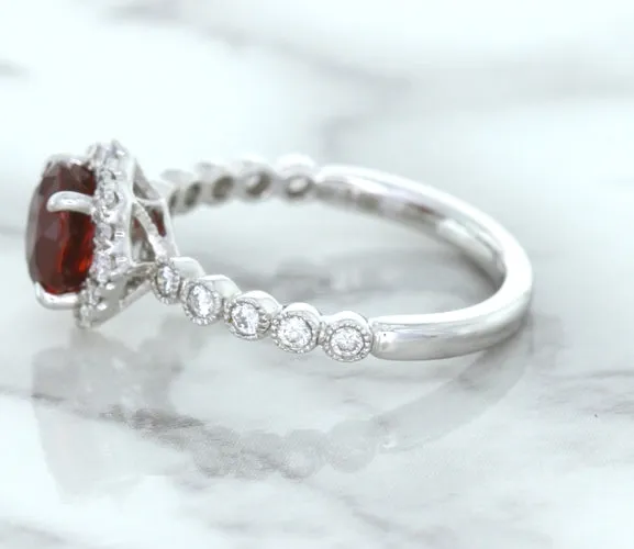 1.75ct Unheated GIA Certified Round Ruby Ring with Diamond Halo in 18K White Gold