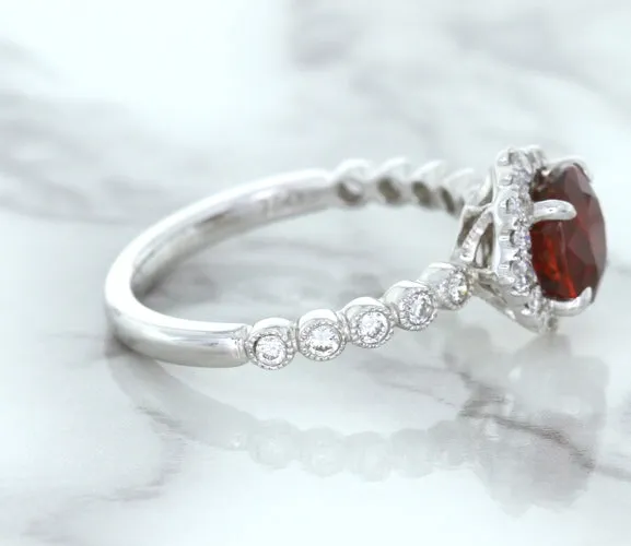 1.75ct Unheated GIA Certified Round Ruby Ring with Diamond Halo in 18K White Gold