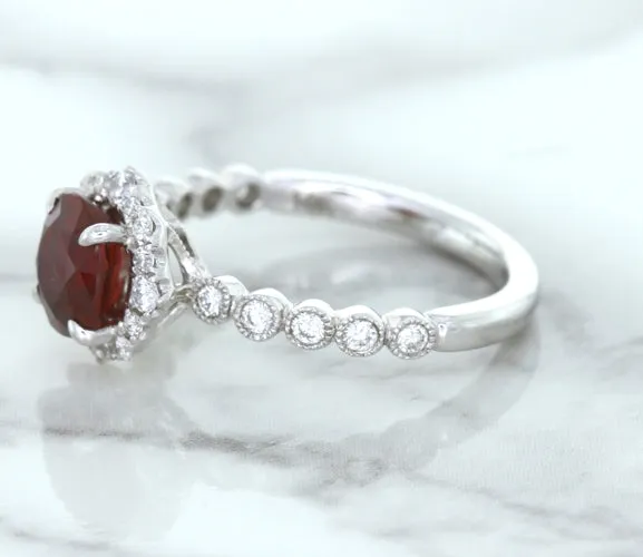 1.75ct Unheated GIA Certified Round Ruby Ring with Diamond Halo in 18K White Gold
