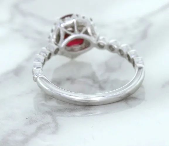 1.75ct Unheated GIA Certified Round Ruby Ring with Diamond Halo in 18K White Gold