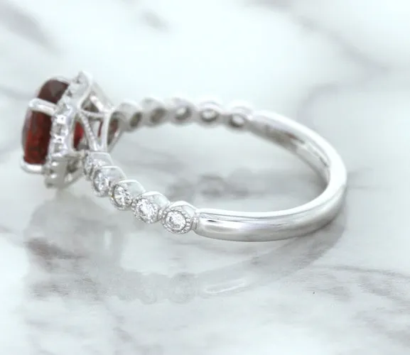 1.75ct Unheated GIA Certified Round Ruby Ring with Diamond Halo in 18K White Gold
