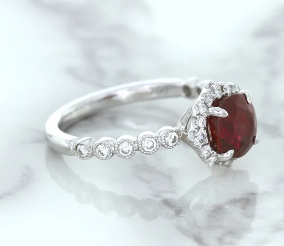 1.75ct Unheated GIA Certified Round Ruby Ring with Diamond Halo in 18K White Gold