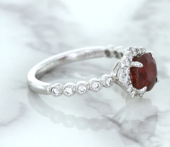 1.75ct Unheated GIA Certified Round Ruby Ring with Diamond Halo in 18K White Gold