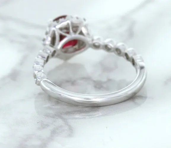 1.75ct Unheated GIA Certified Round Ruby Ring with Diamond Halo in 18K White Gold