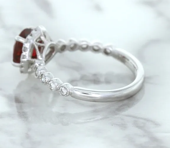 1.75ct Unheated GIA Certified Round Ruby Ring with Diamond Halo in 18K White Gold