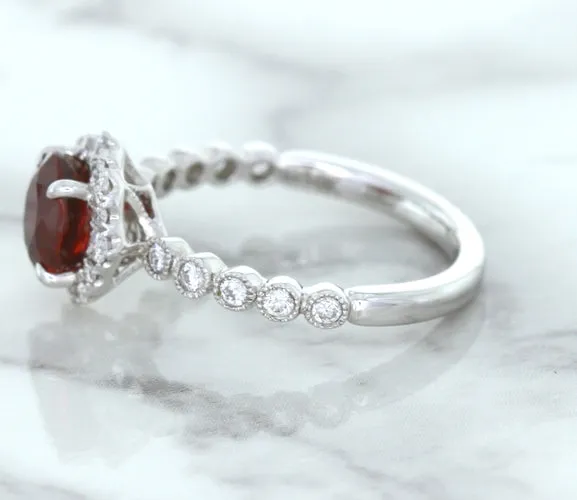1.75ct Unheated GIA Certified Round Ruby Ring with Diamond Halo in 18K White Gold
