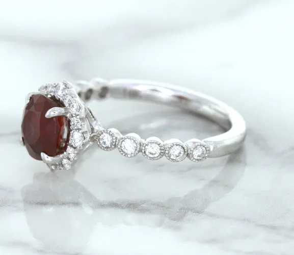 1.75ct Unheated GIA Certified Round Ruby Ring with Diamond Halo in 18K White Gold