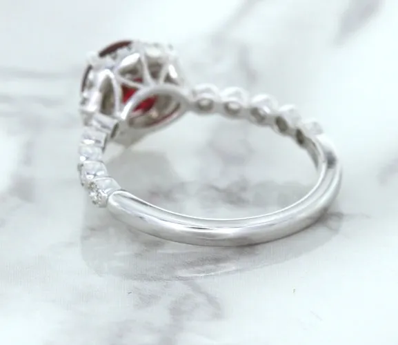 1.75ct Unheated GIA Certified Round Ruby Ring with Diamond Halo in 18K White Gold
