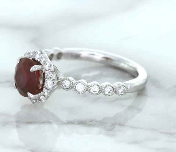 1.75ct Unheated GIA Certified Round Ruby Ring with Diamond Halo in 18K White Gold