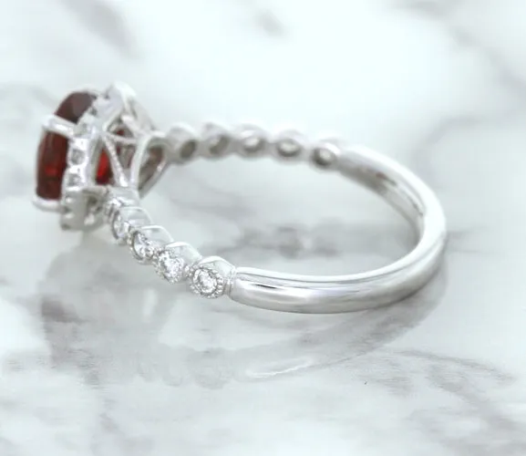1.75ct Unheated GIA Certified Round Ruby Ring with Diamond Halo in 18K White Gold