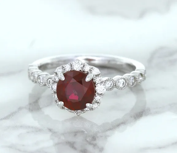 1.75ct Unheated GIA Certified Round Ruby Ring with Diamond Halo in 18K White Gold