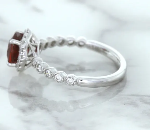 1.75ct Unheated GIA Certified Round Ruby Ring with Diamond Halo in 18K White Gold
