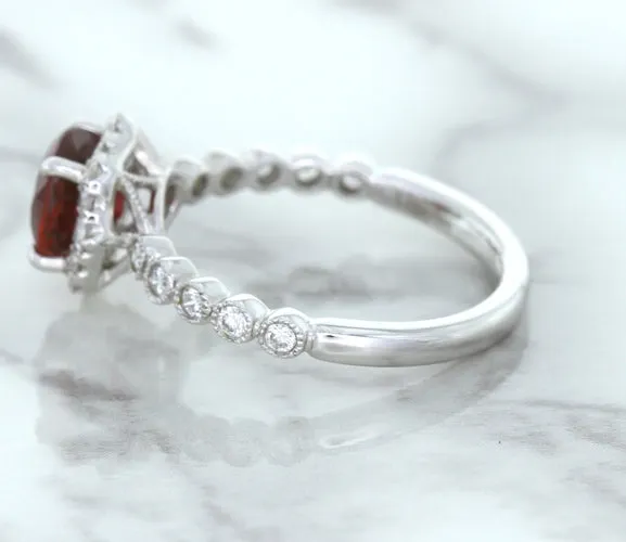 1.75ct Unheated GIA Certified Round Ruby Ring with Diamond Halo in 18K White Gold