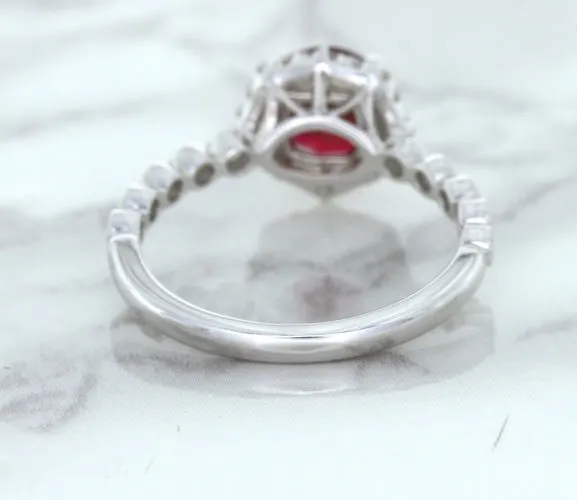 1.75ct Unheated GIA Certified Round Ruby Ring with Diamond Halo in 18K White Gold