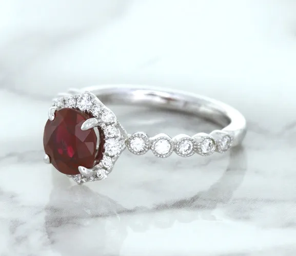 1.75ct Unheated GIA Certified Round Ruby Ring with Diamond Halo in 18K White Gold