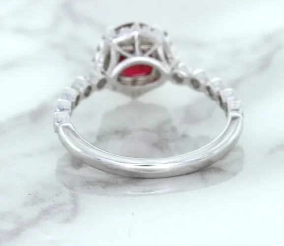 1.75ct Unheated GIA Certified Round Ruby Ring with Diamond Halo in 18K White Gold