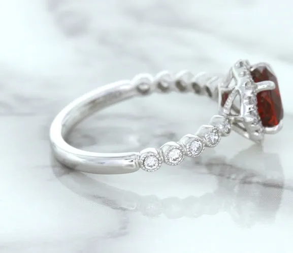 1.75ct Unheated GIA Certified Round Ruby Ring with Diamond Halo in 18K White Gold