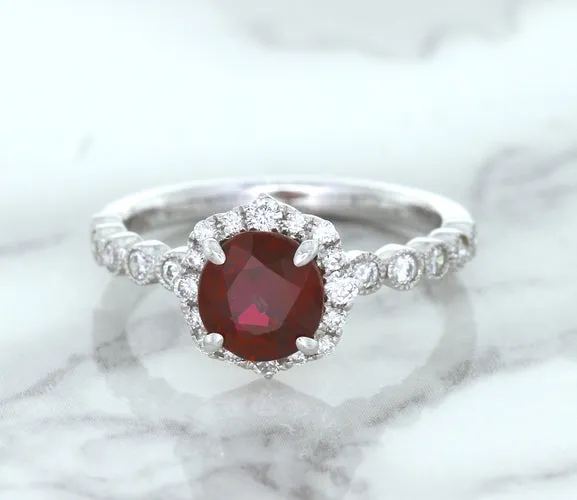 1.75ct Unheated GIA Certified Round Ruby Ring with Diamond Halo in 18K White Gold