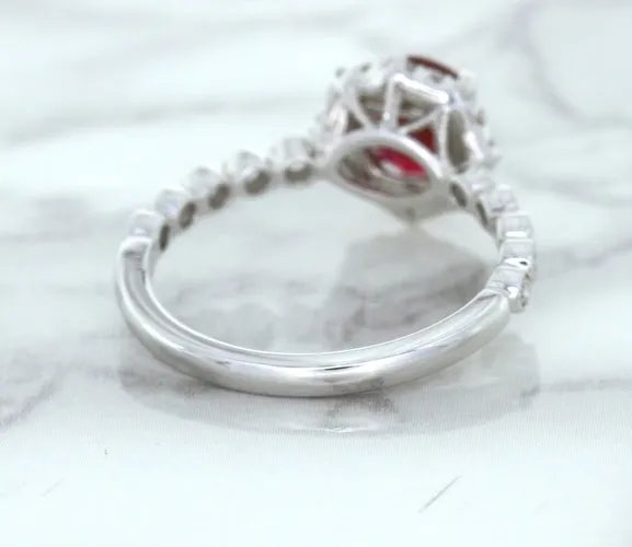 1.75ct Unheated GIA Certified Round Ruby Ring with Diamond Halo in 18K White Gold