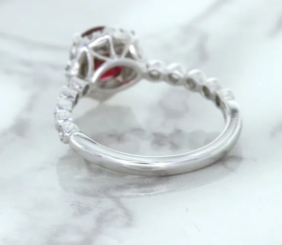 1.75ct Unheated GIA Certified Round Ruby Ring with Diamond Halo in 18K White Gold