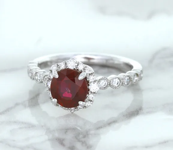 1.75ct Unheated GIA Certified Round Ruby Ring with Diamond Halo in 18K White Gold
